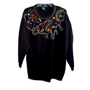 VTG IB Diffusion Black Knit Sweater Embellished Beaded Silk Angora Artsy S